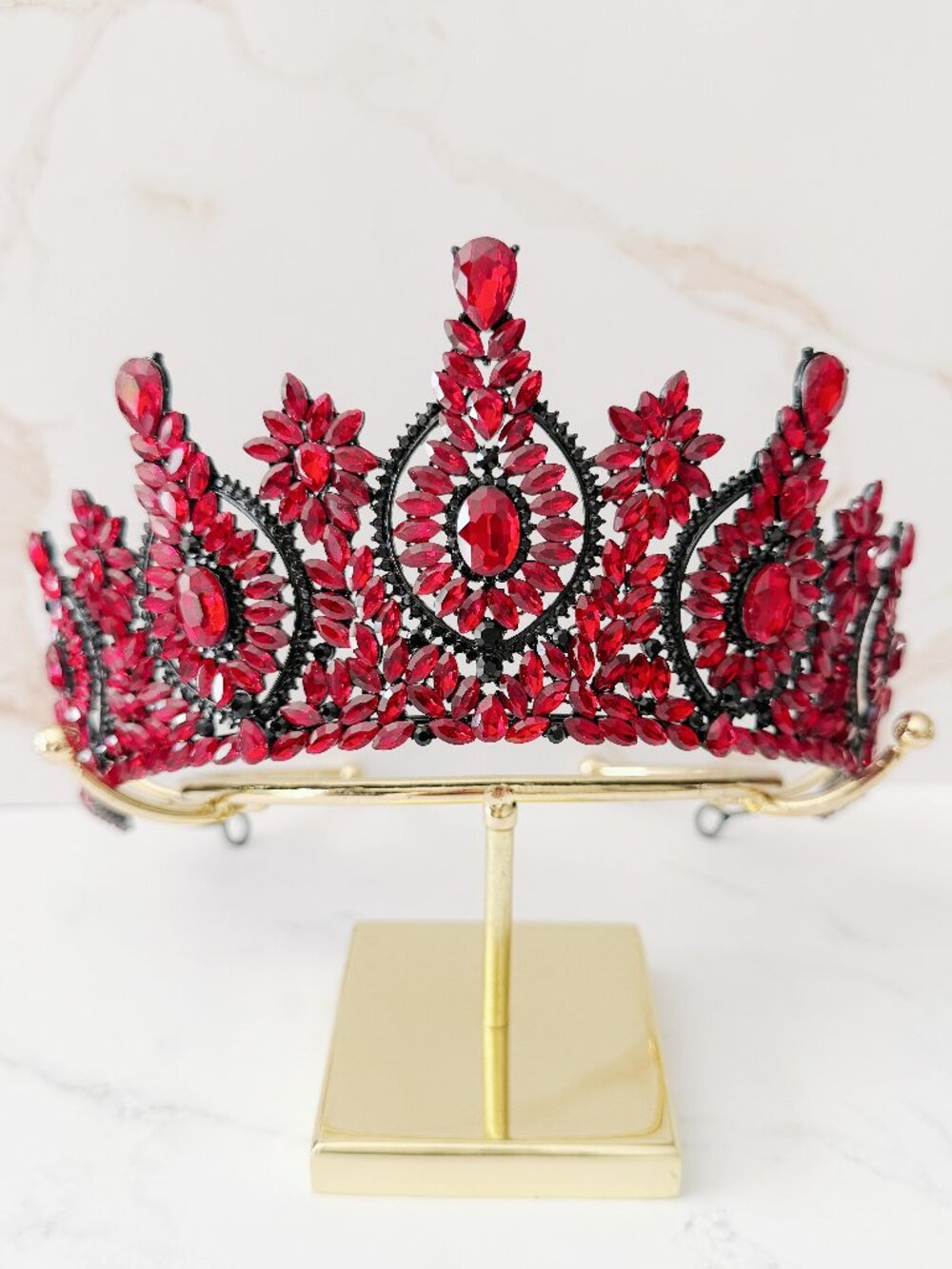 Red Crystal Gothic Crown Black Tiara Queen Pageant Halloween Costume Headpiece